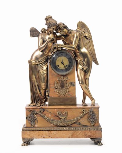 Pendola da Tavolo in Bronzo Dorato e Marmo Giallo, Francia XIX Secolo