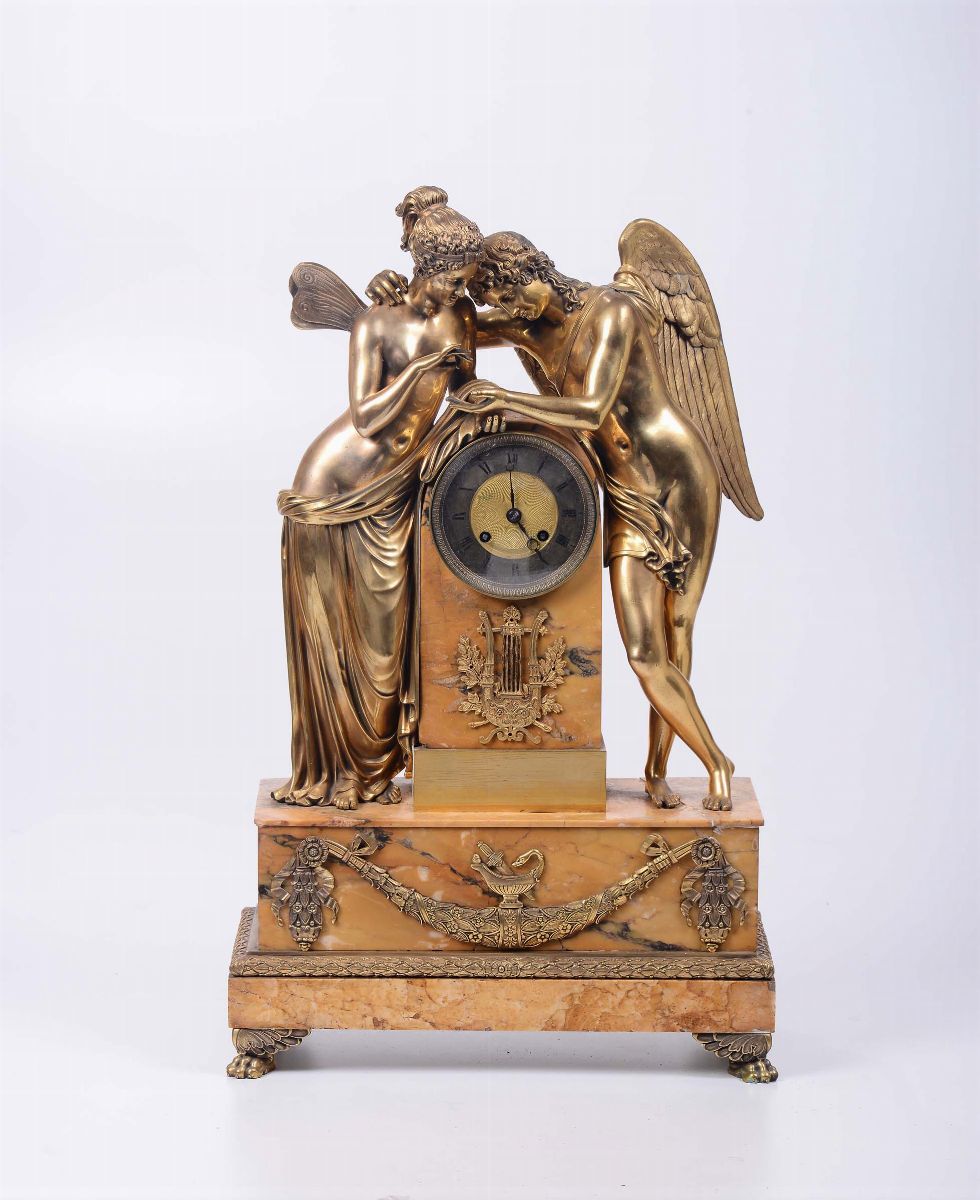 Pendola da Tavolo in Bronzo Dorato e Marmo Giallo, Francia XIX Secolo