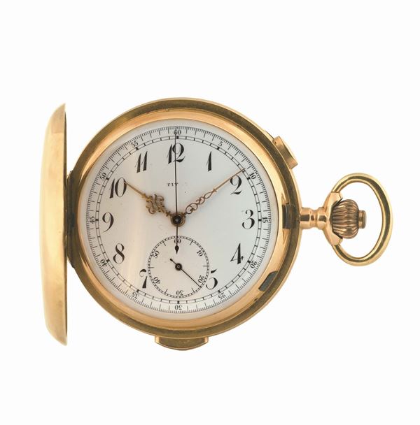 TITUS, 18K yellow gold hunting cased, keyless pocket watch with chronograph and quarter repeating. Made circa 1920
