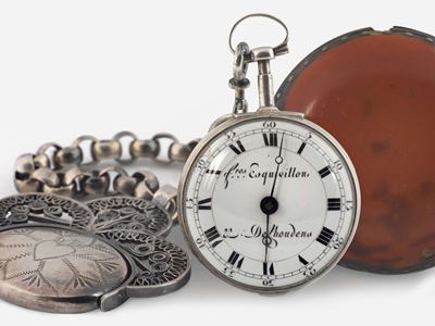 Esquivillon Et Delhoudens, Orologio da Tasca con Catena, Tripla Cassa in Argento e Corno con Scap...