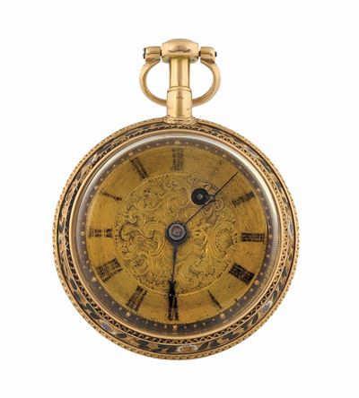 Bell, Mount Street, Berkley Square, Orologio Pendente in Oro, con Smalto Raffigurante Paesaggio M...