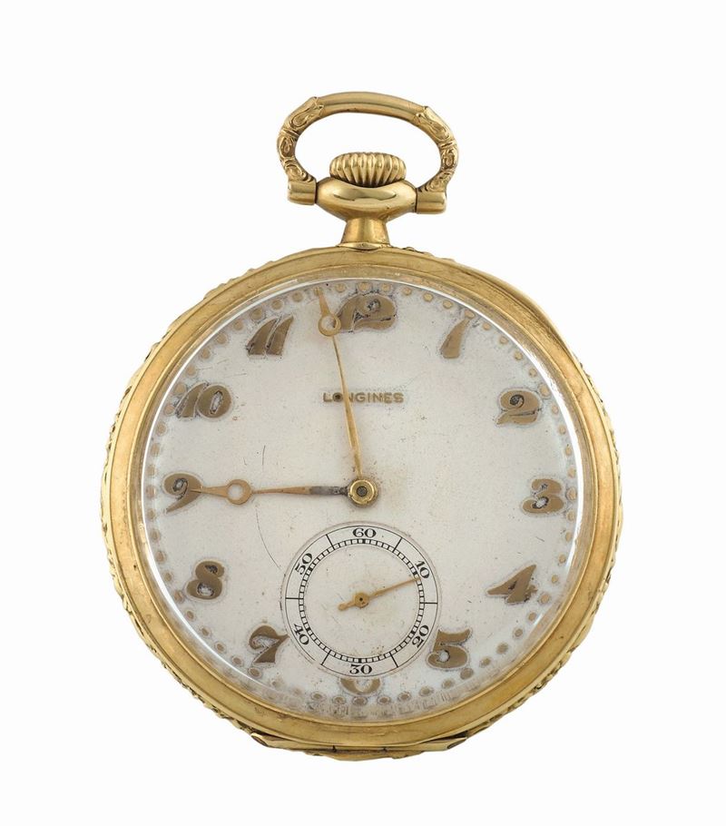 LONGINES, 18K yellow gold open face, keyless pocket watch. Made circa 1940  - Auction Watches and Pocket Watches - Cambi Casa d'Aste