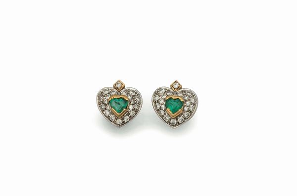 Earrings with heart-shaped emeralds and diamonds set in white and yellow gold