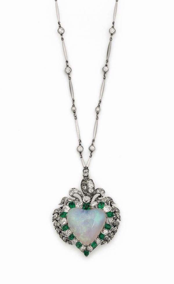 Heart-shaped opal, diamond and emerald pendant set in platinum 