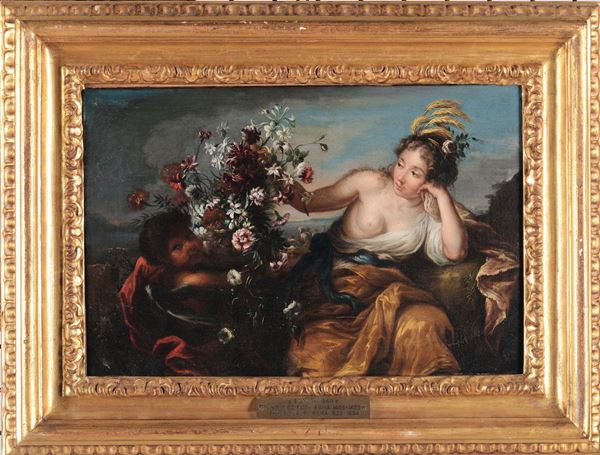 Filippo Lauri (Roma 1623 - 1694) Cerere e Apollo con composizioni floreali