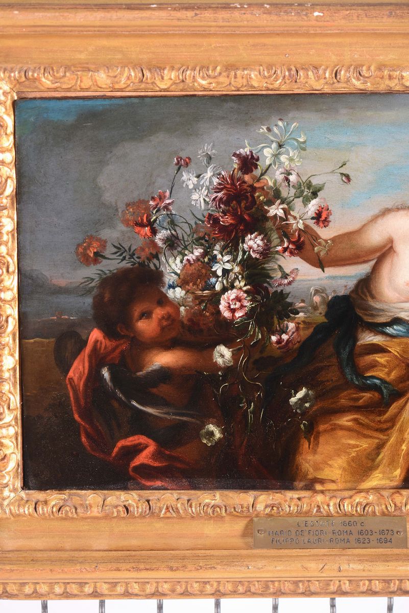 Filippo Lauri (roma 1623 - 1694)cerere e Apollo con Composizioni Floreali