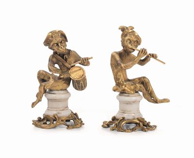 Coppia di Sculture in Bronzo Raffiguranti Scimmie, XVIII Secolo
