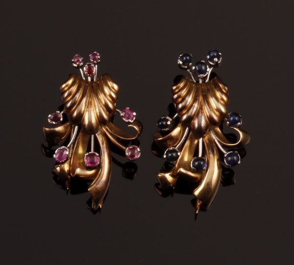 Two ruby and sapphir clip brooches