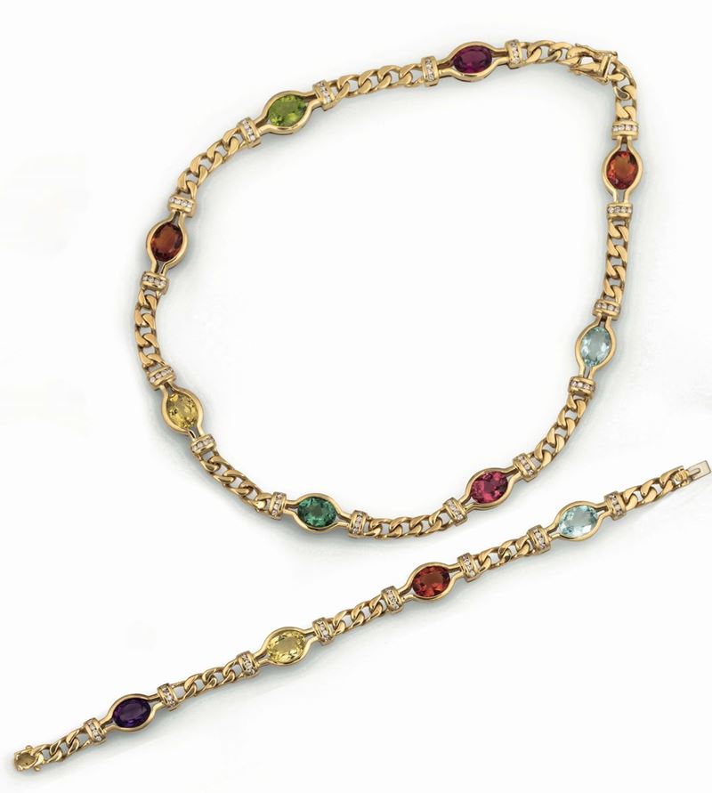 Suite consisting of necklace and bracelet with multi-coloured quartzes and diamonds set in yellow gold  - Auction Fine Jewels - Cambi Casa d'Aste