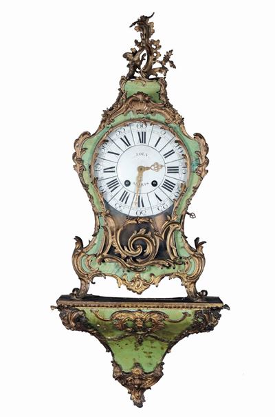 Orologio Cartel da Parete Lastronato in Corno Verde, Francia, Joly a Paris, XVIII Secolo