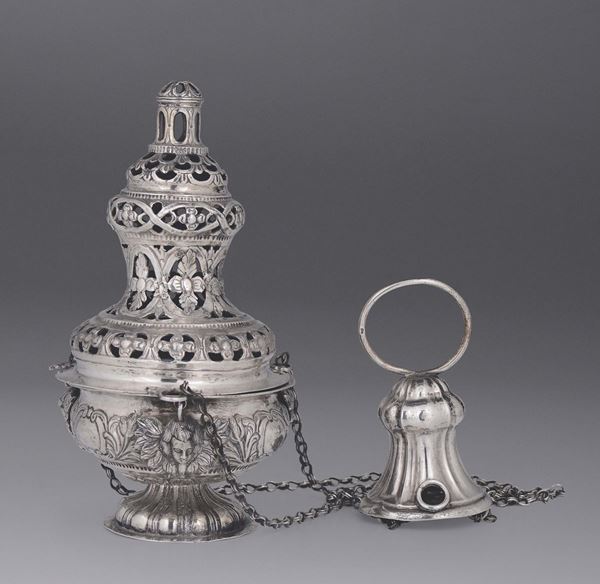 Turibolo in argento sbalzato, fuso e traforato, Napoli,  XIX secolo