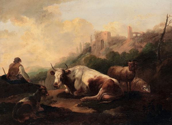 Scuola romana del XVIII secolo Paesaggio con pastori ed armenti