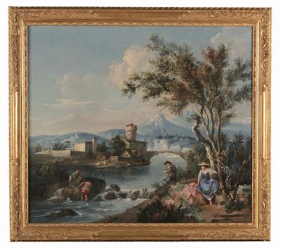 Francesco Zuccarelli (pitigliano 1702 - Firenze 1788)paesaggio con Figure Lungo un Fiume