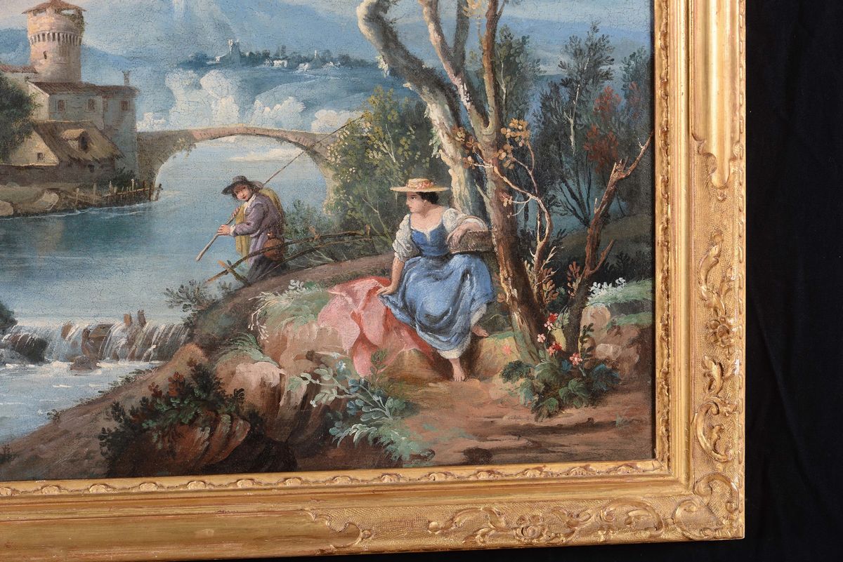 Francesco Zuccarelli (pitigliano 1702 - Firenze 1788)paesaggio con Figure Lungo un Fiume