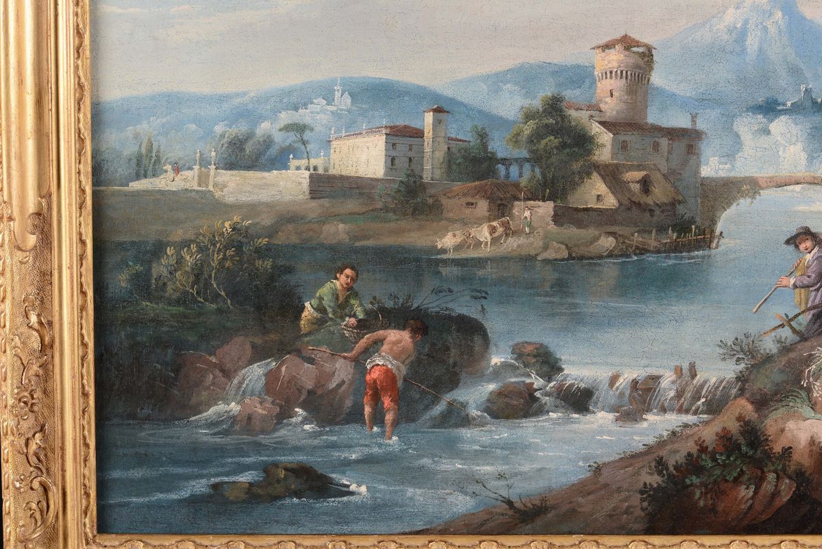 Francesco Zuccarelli (pitigliano 1702 - Firenze 1788)paesaggio con Figure Lungo un Fiume
