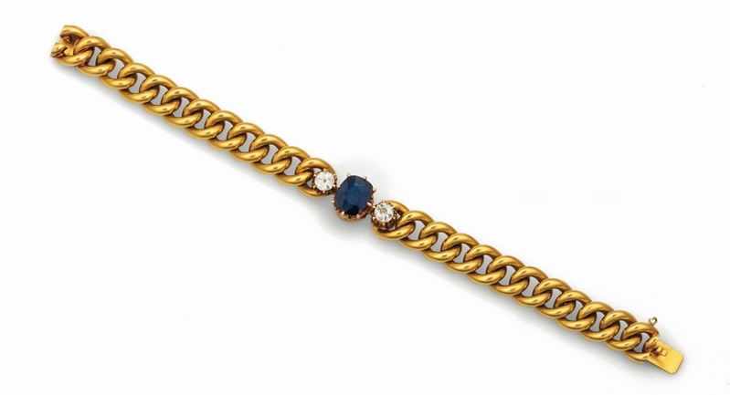 Link bracelet with central sapphire and two diamonds set in yellow gold  - Auction Fine Jewels - Cambi Casa d'Aste