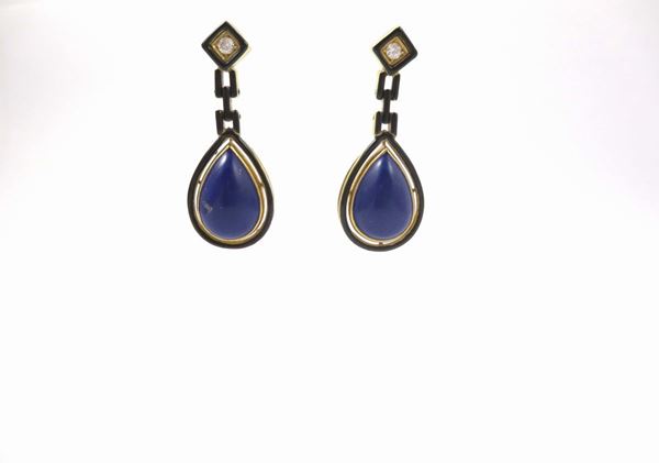 Pair of lapis lazuli, diamond and black enamel earrings