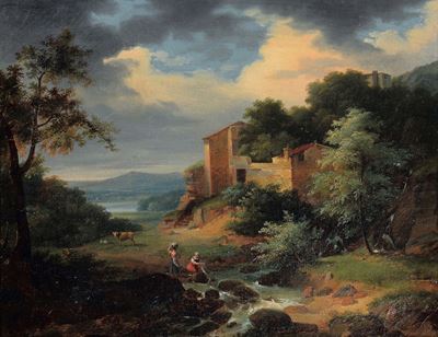 Achille Etna Michallon (parigi 1796 - 1822)paesaggio con Figure e Architeture