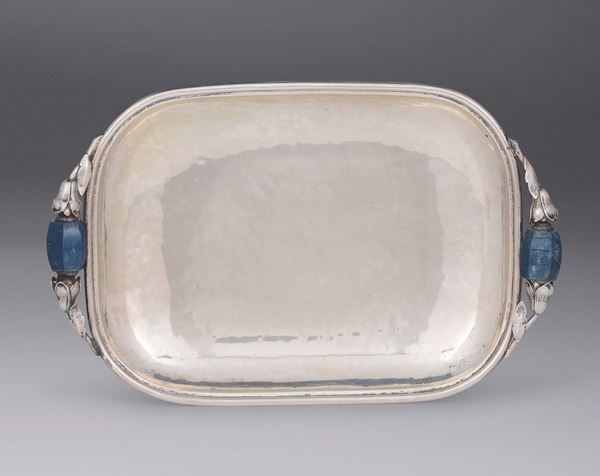 A silver tray with lapis lazuli handles, Italy, 20th century