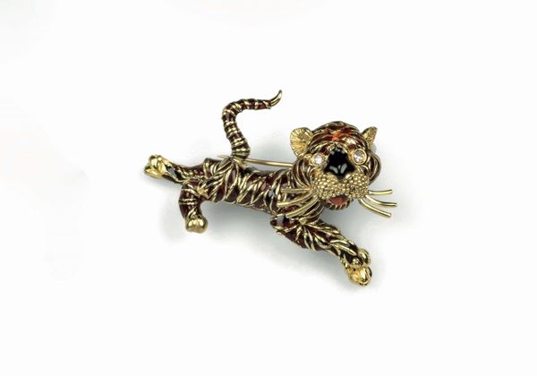 Lion brooch with multi-coloured enamelling and diamonds set in yellow gold, Frascarolo 