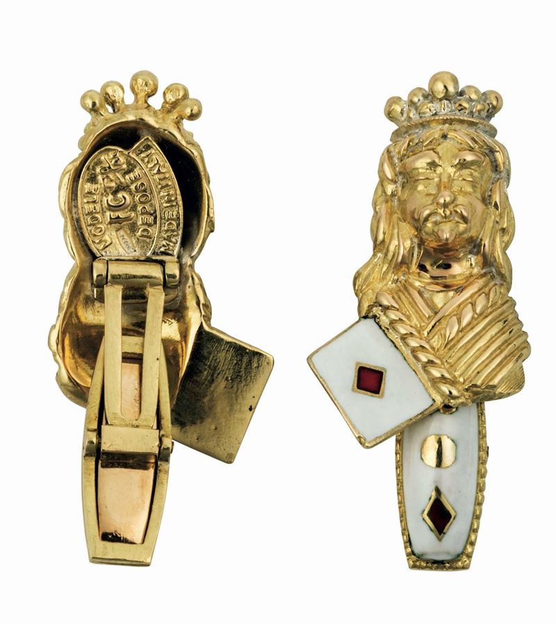 “Queen of Hearts and King of Diamonds” cufflinks in multi-coloured enamelling and yellow gold, Frascarolo  - Auction Fine Jewels - Cambi Casa d'Aste