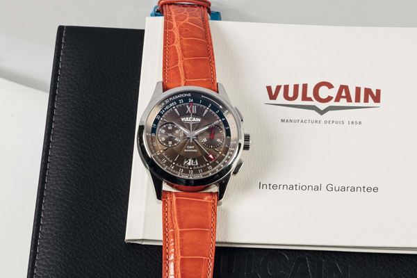 VULCAIN, VULCANOGRAPHE, GMT, Ref. 500115.096, stainless steel, self-winding, water resistant wristwatch with big date, GMT, pulsometer scale and a steel original buckle. Accompanied by the original box and Guarantee