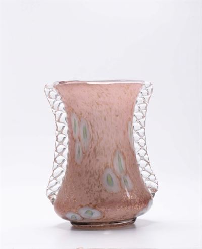 Vaso in Vetro di Murano con Manici Rosato con Tracce di Doratura