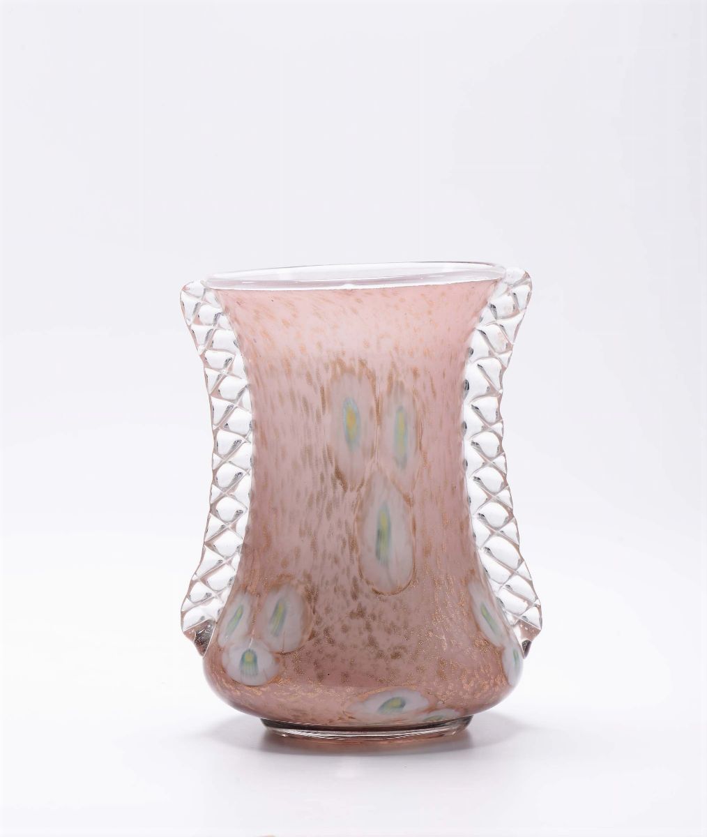 Vaso in Vetro di Murano con Manici Rosato con Tracce di Doratura