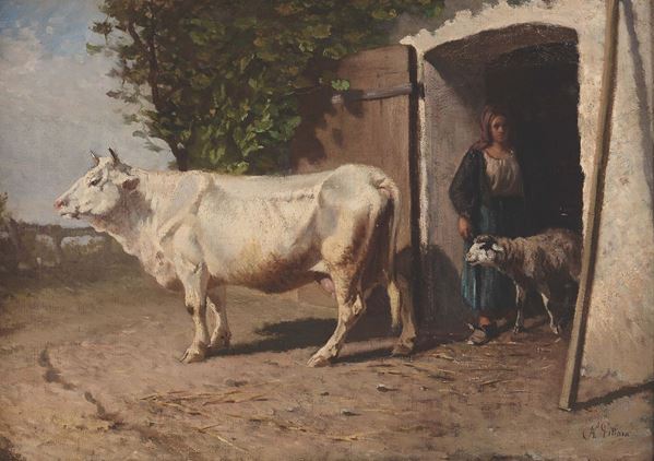 Carlo Pittara (1835-1891) Mucca e vitello con contadina