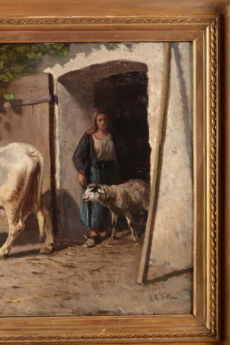 Carlo Pittara (1835-1891)mucca e Vitello con Contadina