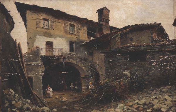 Silvio Poma (1841-1932) attribuito a Casolare con figure
