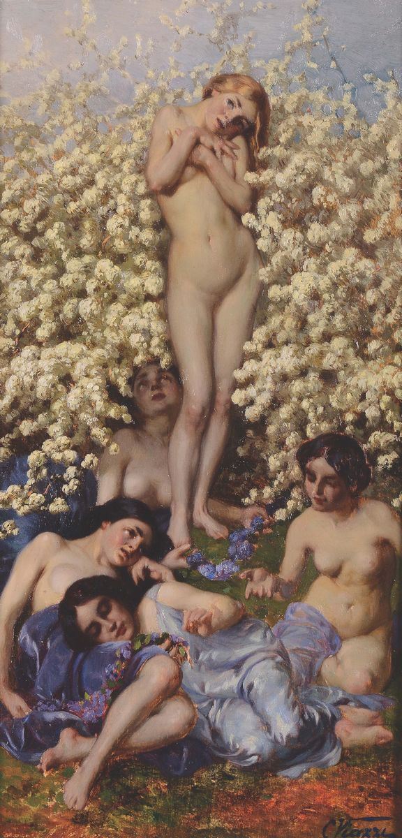 Cesare Viazzi (1857-1943) Nudi femminili tra i fiori