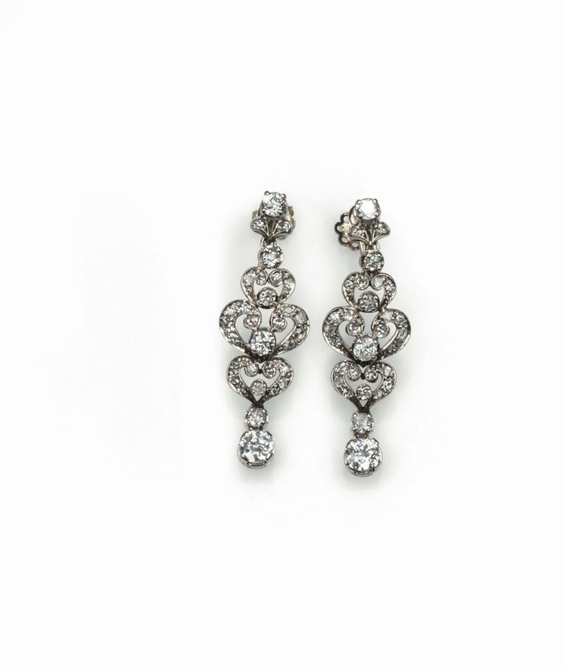 Pendant earrings with old-cut diamonds set in white gold  - Auction Fine Jewels - Cambi Casa d'Aste