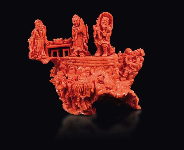 Gruppo scolpito in corallo con scene comuni e draghi con molti personaggi, Cina, inizio XX secolo