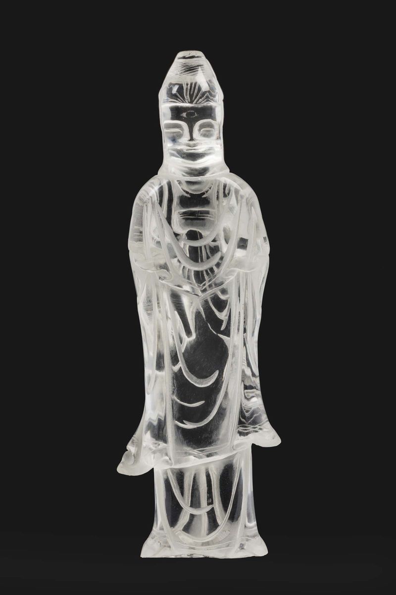 Figura di Guanyin Scolpita in Cristallo di Rocca, Cina, XX Secolo