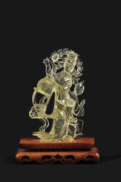 Figura di Guanyin Scolpita in Vetro Giallo, Cina, XX Secolo