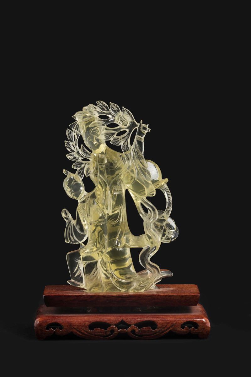 Figura di Guanyin Scolpita in Vetro Giallo, Cina, XX Secolo