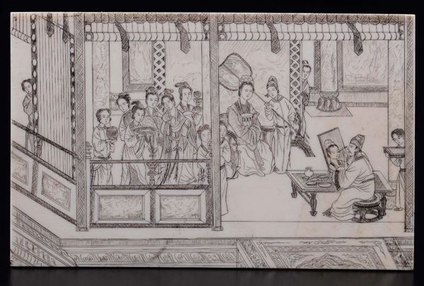 An ivory plaque depicting court life scene with painter and inscription on the back, China, early 20th century