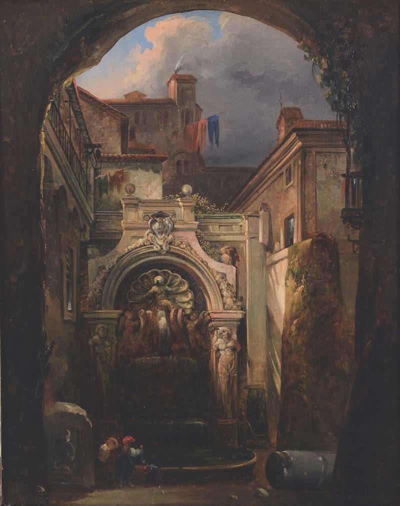 Scuola del XIX secolo Veduta del cortile di Palazzo Santa Croce a Roma  - Auction 19th and 20th Century Paintings - Cambi Casa d'Aste