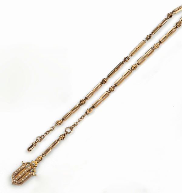 Watch chain with pearls in yellow gold