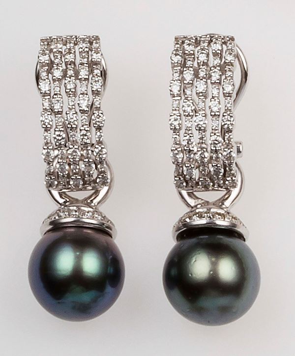 Pendant earrings with black cultured pearls and pavé diamonds set in white gold