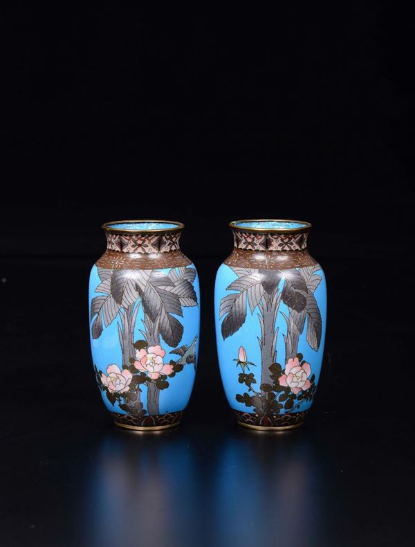 A pair of cloisonné enamel vases with birds, Japan, 19th century
