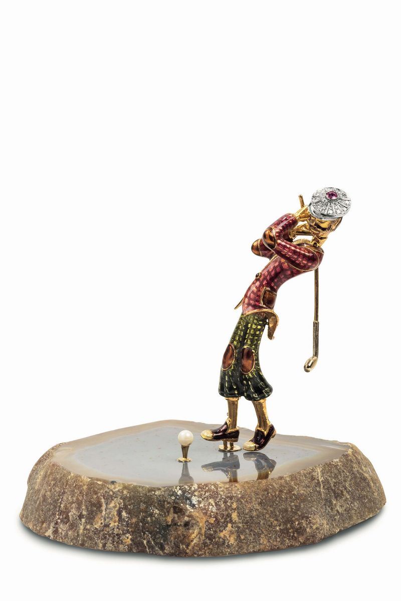 Golfer brooch in yellow gold with diamonds and multi-coloured enamelling, Damiani  - Auction Fine Jewels - Cambi Casa d'Aste