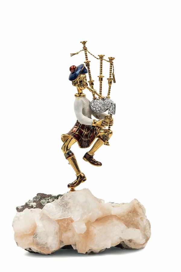 Bagpiper brooch in yellow gold with diamonds and multi-coloured enamelling, Damiani