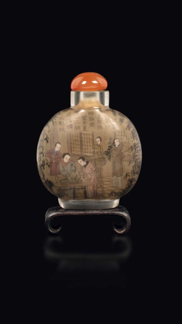 Snuff bottle in vetro dipinto raffigurante donne al lavoro ed iscrizioni, Cina, Dinastia Qing, XIX secolo