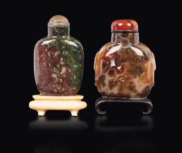 Due snuff bottles in agata muschiata, Cina, XX secolo