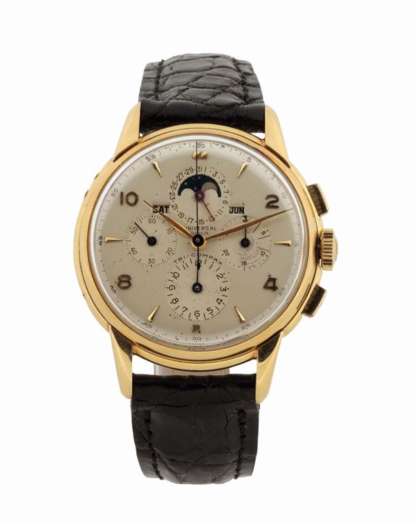 Universal, Geneve, “Tricompax”, Ref.12286. Fine and  very rare, 18K yellow gold wristwatch with chronograph, registers, triple date, moon phases and an original buckle. Made circa 1950