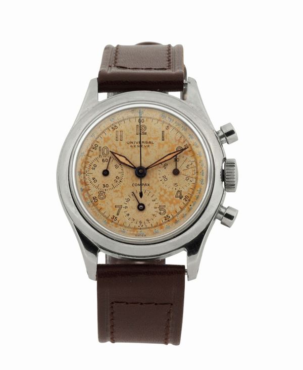 UNIVERSAL, Geneve,  Ref.22293, case No. 1188487. Fine, stainless steel chronograph wristwatch with  registers and tachometer. Made in the 1950's.