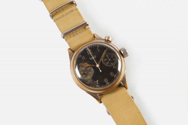 HANHART, CHRONOGRAPH, Germany, case No. 103923.  Fine, water-resistant, nickel-silver military wristwatch with chronograph and register. Made circa 1940.