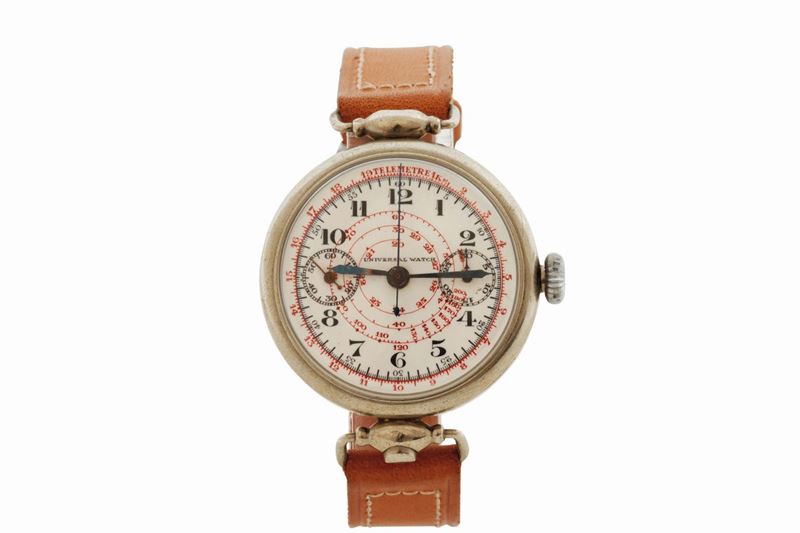 UNIVERSAL, Genève, CHRONOGRAPH,  case No. 74244. Fine, rare, silver wristwatch with flexible lugs, button chronograph at 6, register, telemetre and tachometer. Made circa 1920.  - Auction Watches and Pocket Watches - Cambi Casa d'Aste